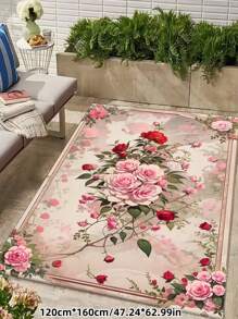 1 pieza Alfombra de piso bohemia vintage de lujo con flores rosas, antideslizante y lavable a máquina, perfecta para sala de estar, dormitorio, pasillo - Diseño elegante de patio con flores vibrantes y patrones barrocos, alfombra de piso para interiores|Alfombra de piso con patrón floral|Respaldo antideslizante, alfombra para sala de estar - Rosa vieja - Ver 7