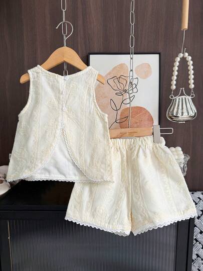 bearleader Conjunto de 2 piezas para niña joven elegante en color beige con diseño bordado, sin mangas y pantalones cortos con ribete de encaje para el verano