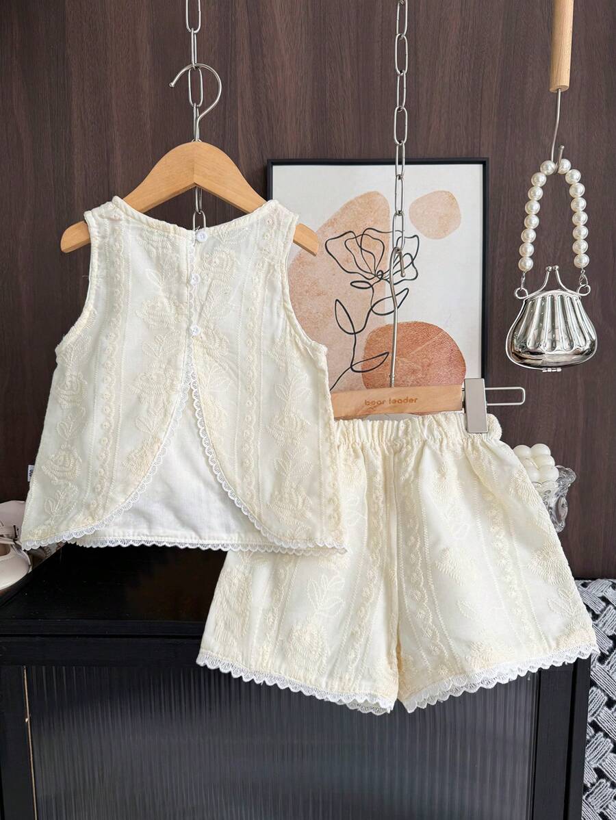 bearleader 2pcs Young Girl Elegant Beige Embroidered Sleeveless Top And Shorts Set With Lace Trim For Summer - Apricot - View 1