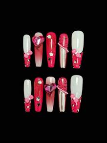 Y2K 10PCS Handmade Press On Nails Long Coffin Shape, 3D Heart Rhinestones & Leopard French Design, DIY Glue On False Nails For Women, Perfect For Daily, Party, Prom, Wedding