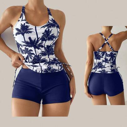 Conjunto De Trajes De Baño Para Mujer Con Top Halter Impreso De Árbol De Coco Y Troncos De Color Sólido,Bikini Estilo Chaleco Estampado Con Palmeras Para Mujer