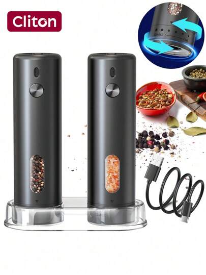 CLITON Electric Salt And Pepper Grinder Set, Rechargeable Salt And Pepper Grinder Set, Adjustable Grinding Speed, Exterior Coarseness Adjustment, USB Charging - No Batteries Needed - Automatic Salt And Pepper Grinder, Coarseness Adjustable, Pepper Grinder And Salt Grinder Can Be Filled And Adjusted, One-Handed Operation, Suitable For Kitchen Barbecue, White LED Light