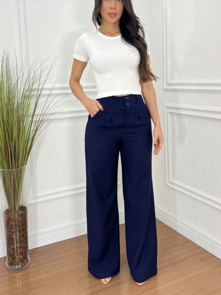 Alice Fashion Linen Wide Leg High Waist Wide Leg Pants With Button Details Stylish Fashion Blogger Colors Fashion Beige Damask Nude 2024 Summer - 藍色 - 查看 1