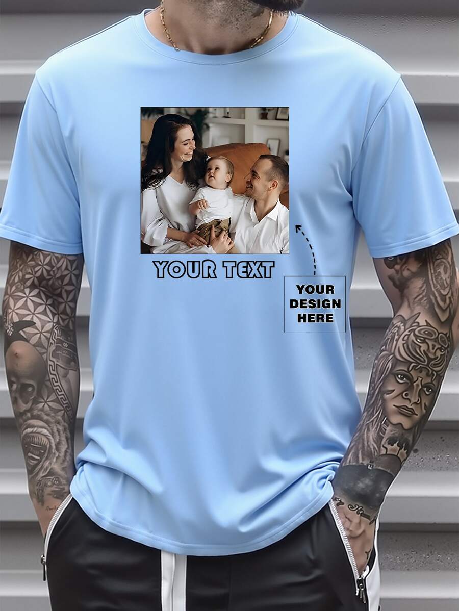 [Personalized Customized T-Shirt] DIY Pattern Customized T-Shirt, Round Neck T-Shirt, Four Seasons Knit Fabric, Regular Fit, With Exclusive Print Design, Suitable Ornamental,Dawg Stylish,Fashion,Hipster,Contracted,Easy Costume,Modest Fashion,Minimal Chic,Casual Custom,Unique,Personalized Ideal Gifts For Him Family,Boyfriend,Friends,Children - Baby Blue - View 1