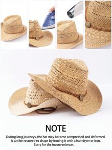 1pc Solid Color Boho Laser Cutout Rhinestone Decor UV Protection Western Cowboy Woven Straw Hat, Panama Straw Brimmed Hat, Unisex Fashion Casual Commuter, For All Seasons