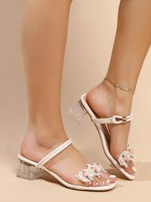 Summer New Design Princess Flower Embellished Chunky Heel Sandals With Rhinestones And Strap Buckle For Women - White - View 3