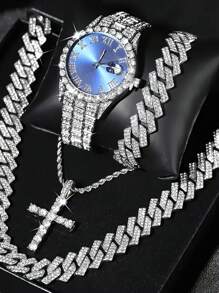 4pcs/Set Men's Fashion Round Dial Alloy Quartz Watch Set - Blue - View 1