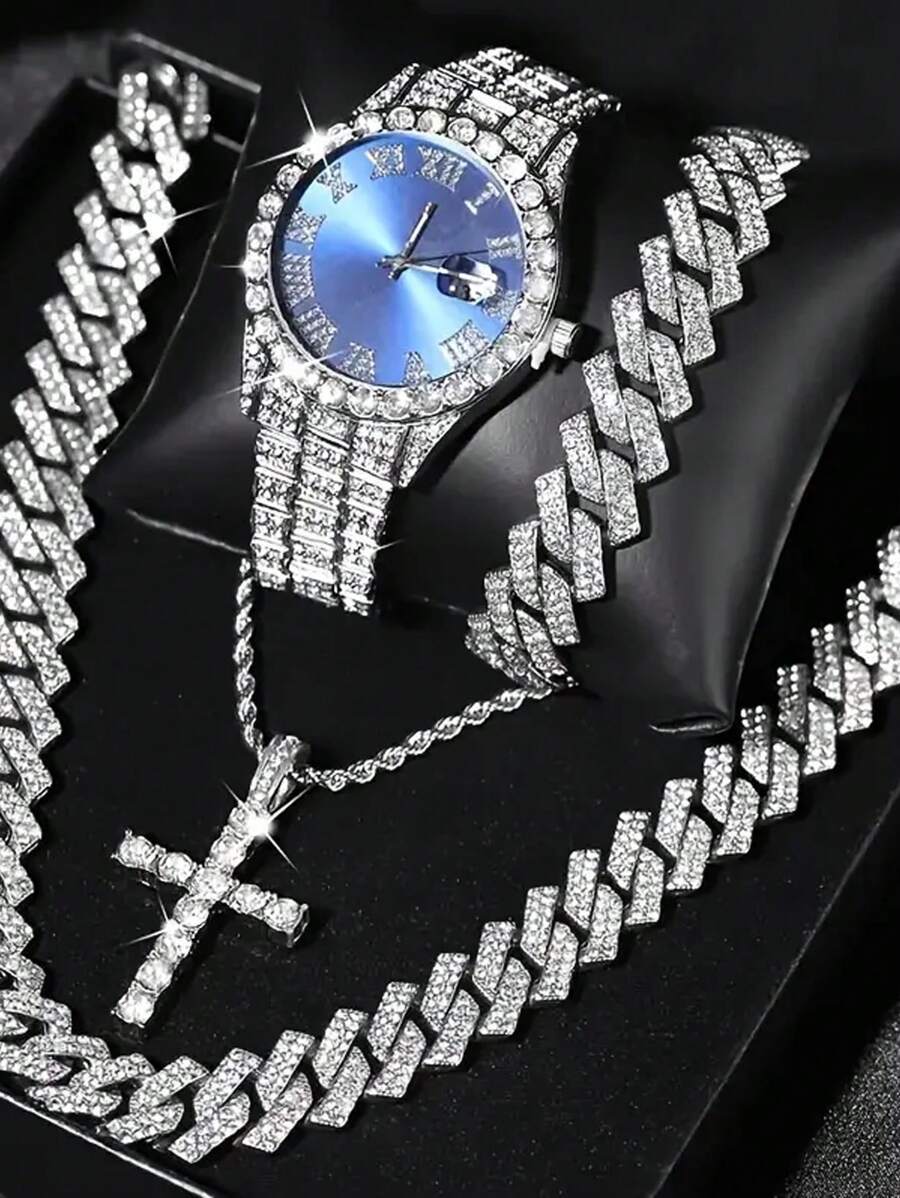 4pcs/Set Men's Fashion Round Dial Alloy Quartz Watch Set - Blue - View 1