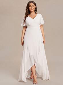 EVERPRETTY Plus Elegant Short Sleeve Asymmetric Hem White Dress Bridal Shower Dress For Single Party Wedding Dress For Bride