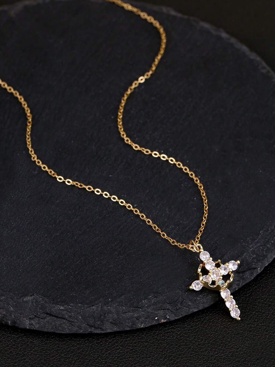 Hypoallergenic Copper - Based Gold - Plated Cross Necklace, Crown - Adorned, For Daily & Festive Wear, Set With Shimmering Cubic Zirconia