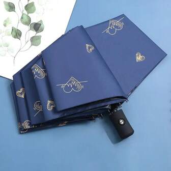 1pc时尚休闲动感自动折叠雨伞，170T高密防水面料，8格，心形压金浪漫设计，黑胶防晒防紫外线，一键开收，防水伞，遮阳伞，