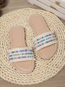 Boho Style Fluffy Tassel Slides For Girls, Woven Beige Material - Beige - View 3