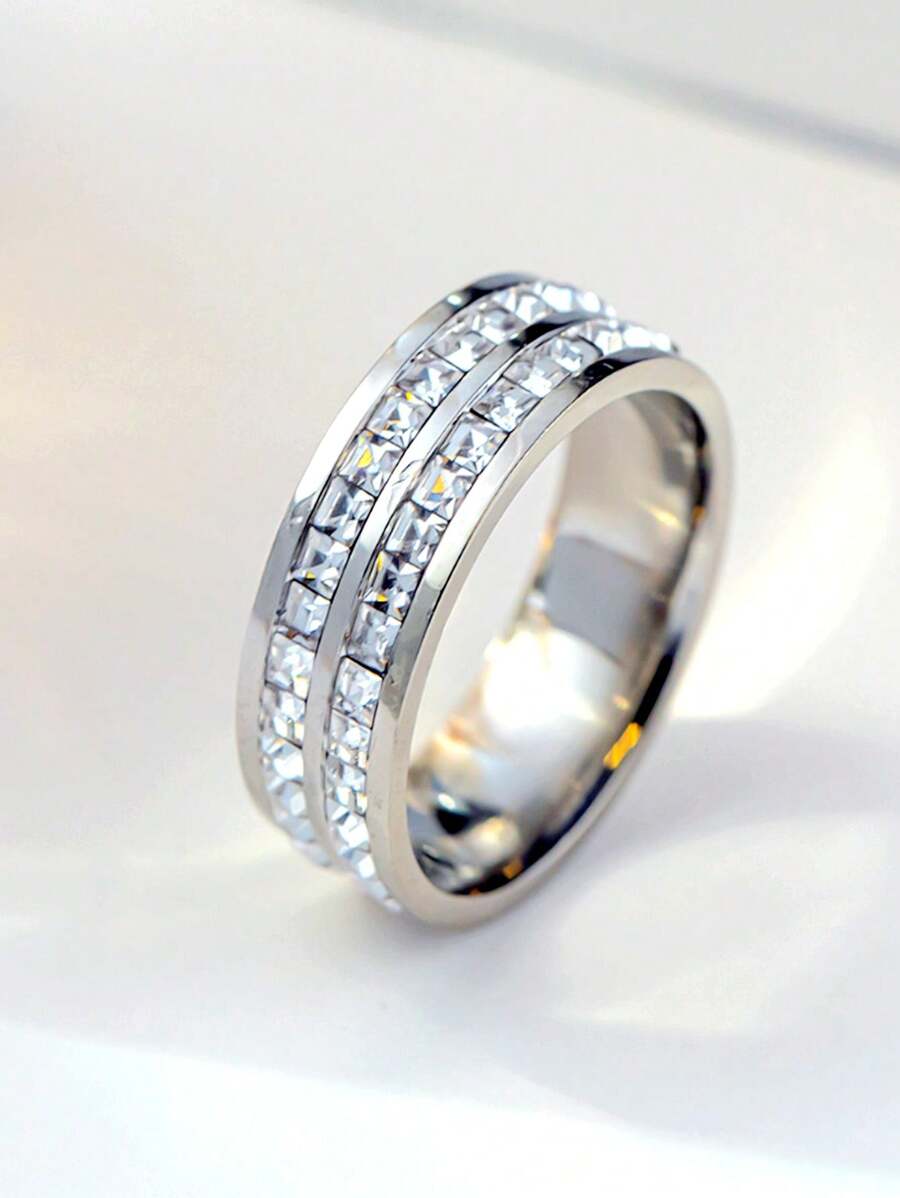 1 件宝石戒指，双排永恒戒指微镶嵌锆石首饰，男女通用结婚戒指，钛钢星空设计奢华情侣戒指，时尚简约永久不褪色不锈钢钛钢戒指男女批发，浪漫可爱简约 INS 风格锆石钻石戒指，个性化时尚宝石戒指 - 銀色 - 查看 1