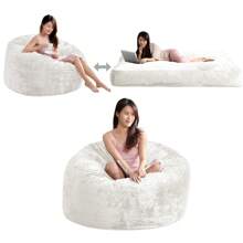 Full/Queen Size Plush Bean Bag Chairs For Adults, 2 In 1 Bean Bag Chairs, Convertible Bean Bag With Filler For Gaming Large Foam, Bean Bags With Washable Soft Velvet Cover For Living Room - 白色 - 查看 7