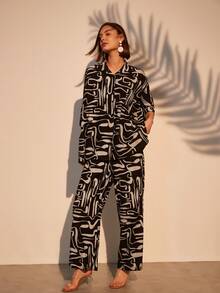 Two Pieces Set Print Vacation Black Shirt & Pants