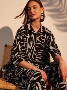 Two Pieces Set Print Vacation Black Shirt & Pants