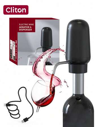 CLITON Aérateur de vin électrique verseur, décanteur de vin portable à touche unique et pompe distributeur de vin pour vin rouge et blanc, distributeur d'oxydant de vin automatique multi-intelligent, verseuse de débit rechargeable USB