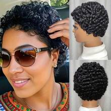 Peluca corta y rizada de cabello humano sin pegamento, corte pixie de cabello brasileño Remy, peluca corta de cabello humano rizado y encrespado para mujeres, fabricada a máquina sin pegamento, adecuada para uso diario y festivales - S99J - Ver 4