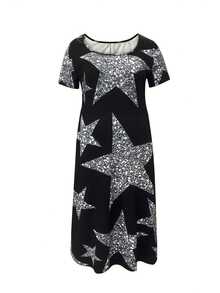 Plus Size Fashionable Star Print Sexy Pocket Decorated Dress - Black and White - View 2