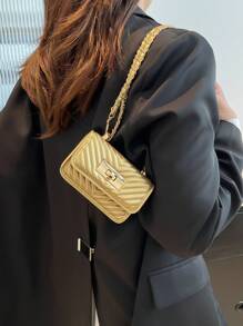 Mini Square Bag New Design Women's Handbag With V-Shape Stitching, Quilted Texture, High-Quality Shoulder Bag, Chain Crossbody Bag, Flap Cover Small Makeup Bag, Fashionable Ladies Accessories Winter Gifts - Gold - View 5