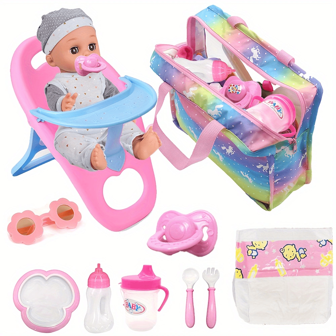 10件/套娃娃配件、3岁以上儿童派对游戏套装、带扶手的婴儿娃娃椅、彩虹套装收纳袋、娃娃喂养护理套装、娃娃尿布（不含娃娃）