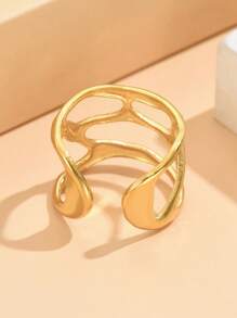 1pc Fashion Asymmetrical Hollow Liquidic Opening Stainless Steel Adjustable Ring, 18K Gold Vacuum Plated, Non-Fading Jewelry For Women, Party Wear