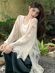 系带细节度假风格长袖衬衫轻质防晒开衫，随机面板 - 杏色 - 查看 4