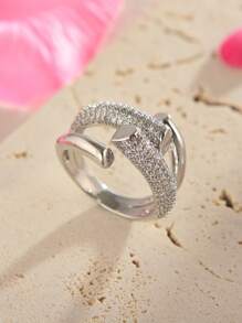 LIGHTSOME 1pc Luxury Women's Copper Zirconia Ring Jewelry Iced Out Cool Street Pop Lady's Index Finger Individual Opening Adjustable Ring Jewelry Valentine's Day Gift,Mom,Mother,Mother's Day,Gift - Cross - View 6