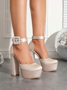 女士厚底粗跟圆头镂空休闲高跟鞋，简约百搭 - 杏色 - 查看 4