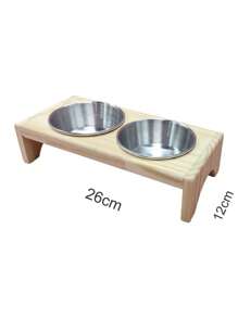 Comedouro PEQUENO para gatos ou cachorros de pequeno porte agua e ração 2 potes de alumínio com base de madeira de Pinus finger Mini Madeira natural Pets Pequeninos