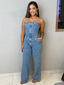Strapless Women's Denim Jumpsuit With Spandex - Biru Marmer - View 3