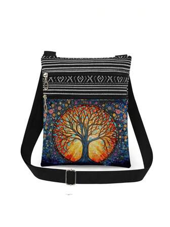 Fashionable Tree Of Life Pattern Crossbody Bag, Unisex Reusable Shoulder Bag, Casual Versatile Messenger Bag, Painting Glass Tree Print Storage Bag, Casual Portable Shoulder Bag With Adjustable Strap, Party Gift For Glass Painting Tree Of Life Enthusiasts