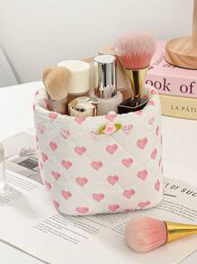 1 件花卉和心形褶皱设计绗缝女孩化妆品收纳篮，护肤品收纳篮，女士化妆品收纳，多功能化妆品收纳盒化妆品刷收纳，适用于口红、刷子、护肤品、手机、硬币、女士情人节小物品。新年礼物 - 彩色 - 查看 16