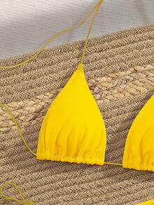 PEPPERMOLLY Set bikini nou, culoare solidă, cu bretele spaghete, încrucișate, fără spate, pentru petrecere, bikini elegant pentru femei, vară, plajă, negru, vacanță - Galben strălucitor - Vizualizare 4