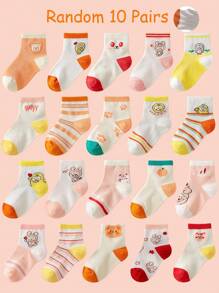 10 Pairs Random Kids Mesh Breathable Cute Cartoon Socks (Orange Bear, Pink Bunny, Happy Monkey), Versatile Ankle Socks, For Spring/Summer - Multicolor - View 6