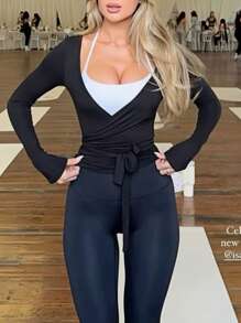 Women Y2k Long Sleeve Workout Tops Cross Wrap Tie Tops Sexy Deep V Neck Bandage Surplice Wrap Crop Top Solid Color Casual Slim Fit T-Shirts Fitness Gym Yoga Athletic Blouses Tops Sportswear Dance Ballet Dancewear - 黑色 - 查看 2