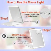 FASCINATE 1800mAh Rechargeable Large Travel Makeup Mirror With Lights, 10x7.5 Portable Lighted Makeup Mirror With 3 Color Lights, Dimming Folding Light Up Travel Mirrors With 10X Magnifying Mirror, Girls And Women Gift - 白色 - 查看 5