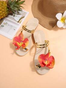2025 New Comfy Versatile Simple Faux Flower Solid Color Round Toe Soft Bottom Flat Sandals For Women, Lightweight Criss-Cross Strap High-End Strap Sandals, Fashionable Vacation Beach Style - Yellow - View 1