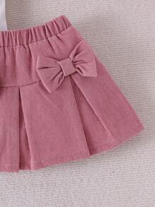 2件套女婴优雅爱心印花白色短袖上衣+灯芯绒半裙套装，轻薄夏季 - 粉色 - 查看 6