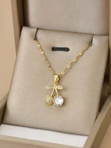 1 套全水钻樱桃不锈钢奢华甜美女士项链和耳环 - 金黃色 - 查看 2