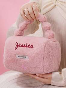 1pc Personalized Women Plush Makeup Bag, Portable Travel Toiletry Bag, Cosmetic Organizer Bag For Skincare Products, Fashion Large Capacity Wash Bag, Embroidered Letter Beauty Bag, Suitable As Gift For Family, Friends, Mother's Day, Girlfriend, Valentine's Day, Christmas, Nurse's Day, Teacher's Day, Birthday - Multicolor - View 8