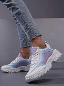 Colorful Leather Casual Sport Shoes, Comfortable, Fashionable, Lightweight, Women's Fashionable Breathable Casual Shoes, Low-Top Sneakers, Round Toe, Thick Sole, Lace-Up Closure, Student Running Shoes