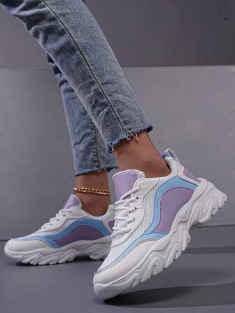 Colorful Leather Casual Sport Shoes, Comfortable, Fashionable, Lightweight, Women's Fashionable Breathable Casual Shoes, Low-Top Sneakers, Round Toe, Thick Sole, Lace-Up Closure, Student Running Shoes