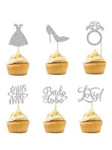 12pcs/Set Glitter Bridal Paper Cupcake Toppers With Heart Ring Dress Bride Photo Props, Wedding Engagement Bachelorette Party Cake Decorations, Silver/Rose Gold