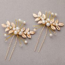 2pcs Gorgeous Leaves U-Shaped Clips, Creative Handmade High-Grade And Exquisite, Anniversary Wedding Bridal Headdress Plating Hairpin