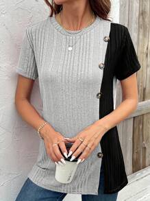 Women's Summer Fashion Button Patchwork Ribbed Short Sleeve T-Shirt - Grey - View 4