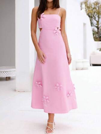 女士优雅连衣裙，适合派对、生日、情人节，细肩带，3D 花卉，镂空，蝴蝶结装饰，中长款