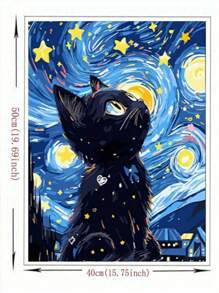 Starry Sky Cat Art, Animal Theme Diamond Painting Round Artificial Diamond, 5D Diamond Painting Adult Set - DIY Painting Artificial - Easy For Beginners, DIY Painting For Beginners, DIY Full Diamond Painting Picture Art Craft