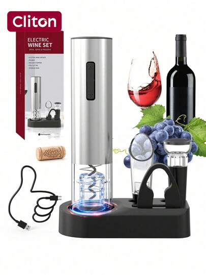 CLITON 6-In-1 Wine Opener Electric Rechargeable Automatic Corkscrew Bottle Opener Set With Vacuum Stopper, Aerator Pourer, Foil Cutter, Display Base & USB Charging Cable, Silver