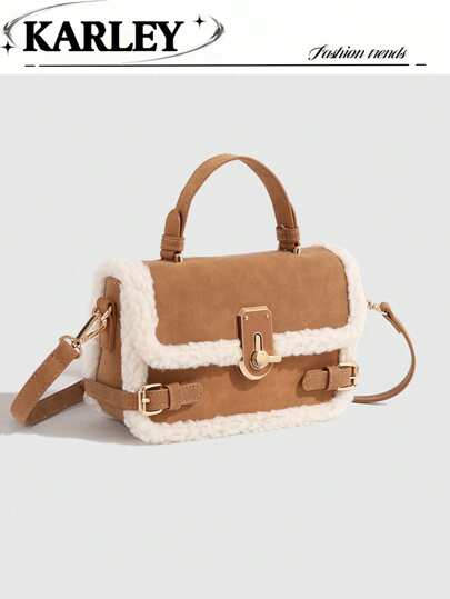 1 件女士手提包，新款秋冬羔羊皮毛托特包，蓬松锁扣带斜挎包，迷你方包，咖啡棕色和勃艮第酒红色，新款女士皮草包